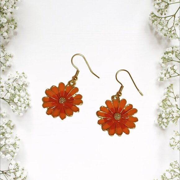 Orange Enamel Daisy Earrings Gold Plated Fish Hook Ear Wires - Picture 7 of 10